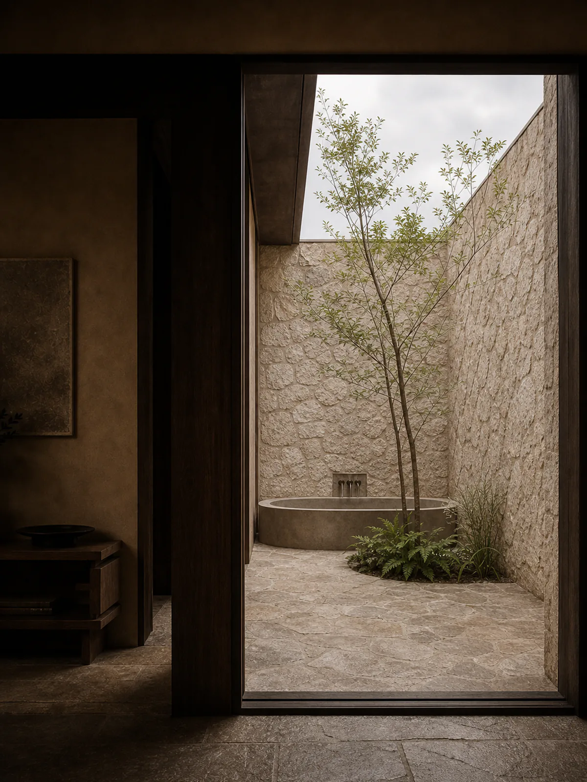The courtyard seen from the sitting room, open to the sky above.