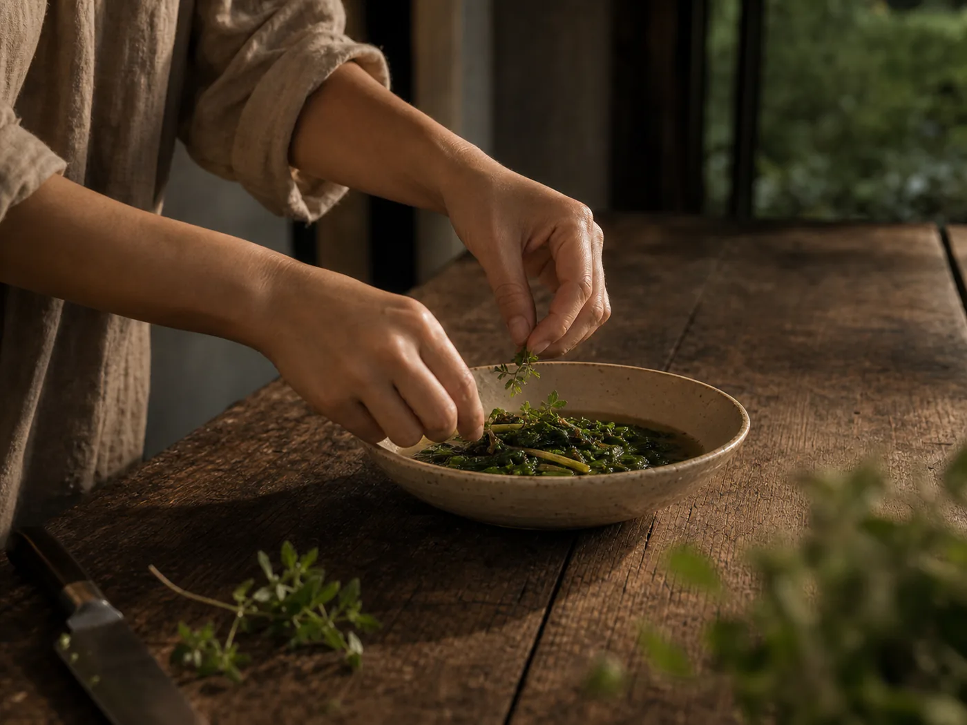 Hands finishing a dish on a worn timber worktop.