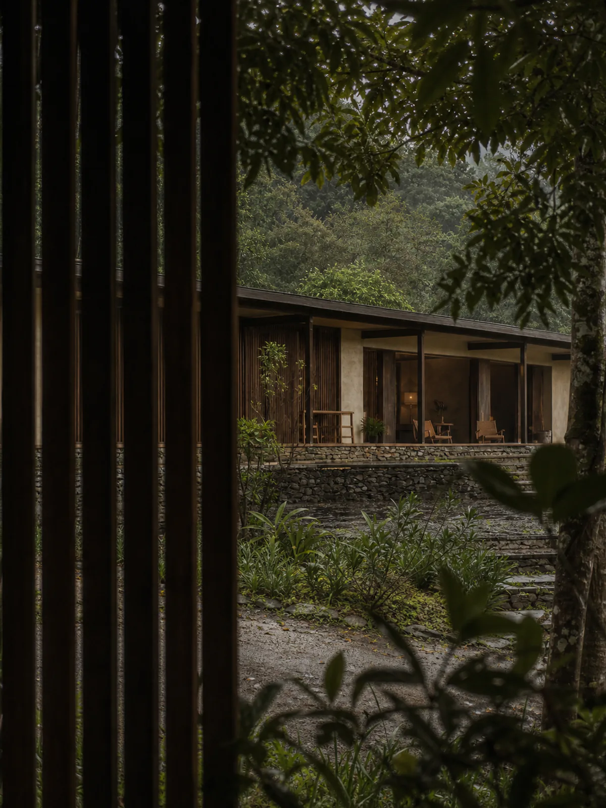 The house seen from the garden, timber screens filtering the afternoon light.