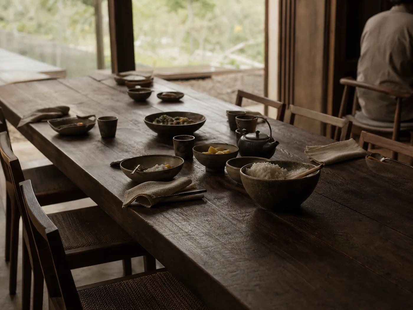 A shared table laid simply under warm evening light.
