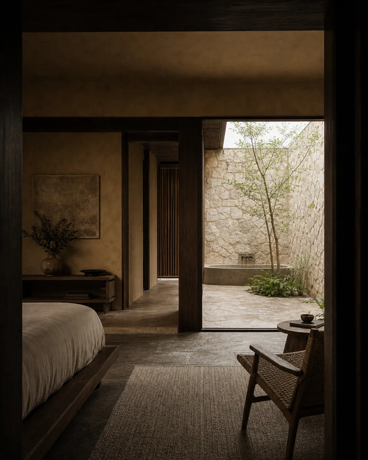 A suite interior facing an enclosed courtyard of pale stone.