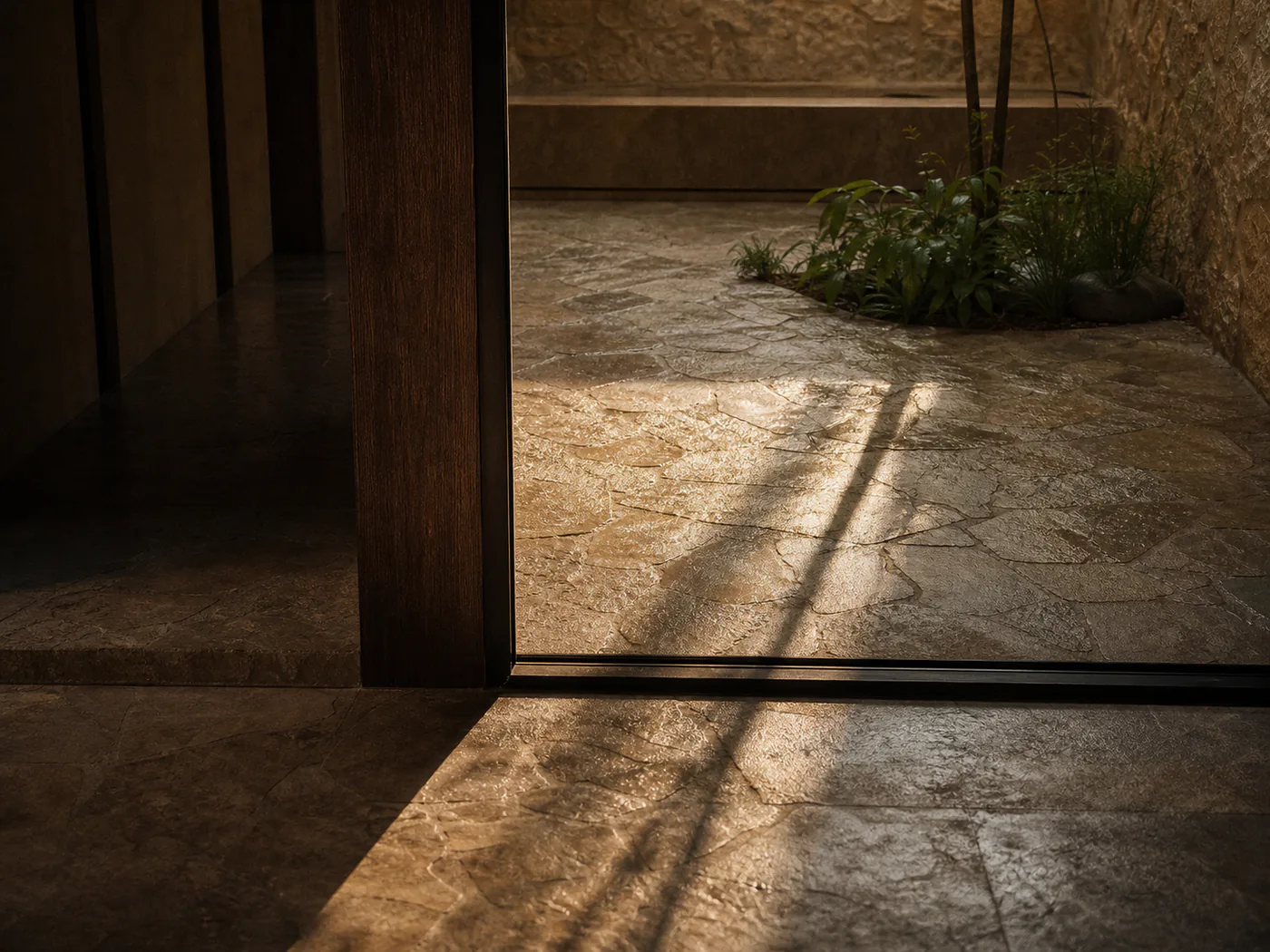 Afternoon shadow falling across the stone floor of a small courtyard.