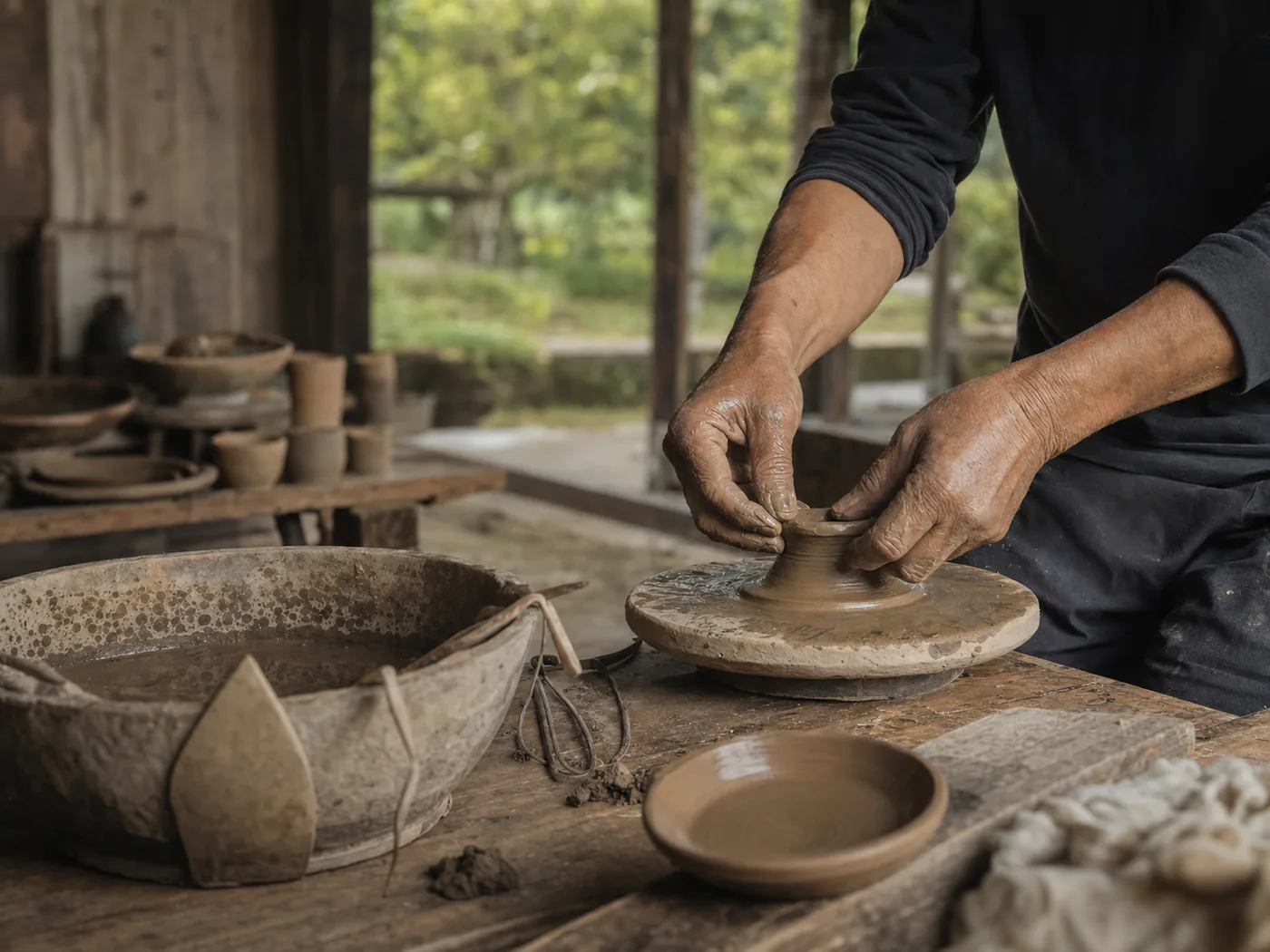 Hands turning a clay form on a low workshop table.