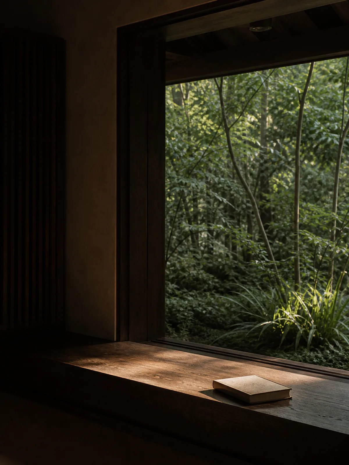 The deep timber window seat, light falling across the sill.