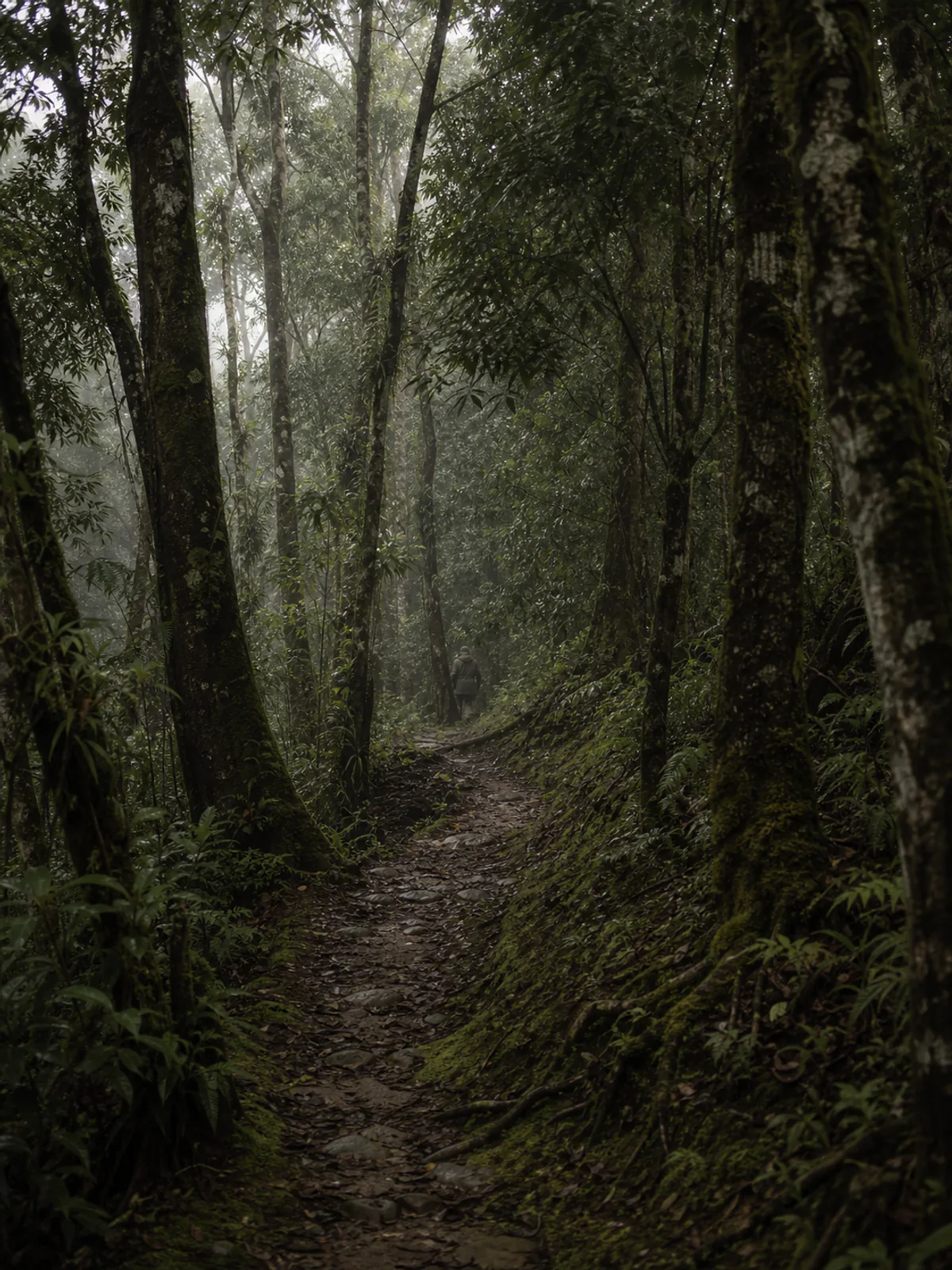 A forest path in flat afternoon light, leaves overhead.