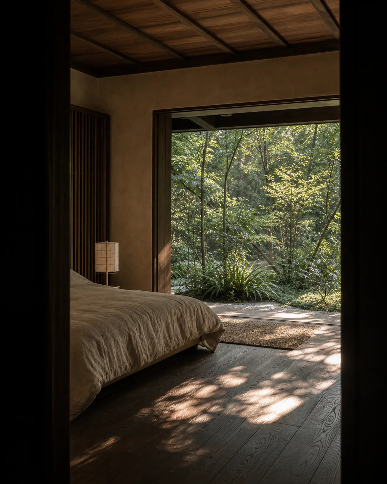 A quiet bedroom opening onto a shaded garden, morning light across the timber floor.