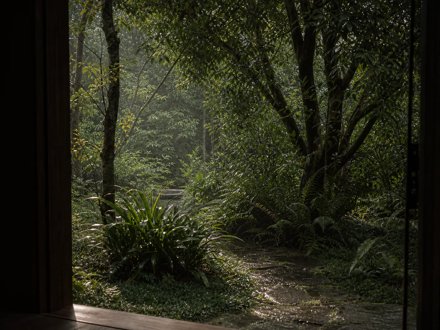The garden immediately outside the room, dense and shaded.