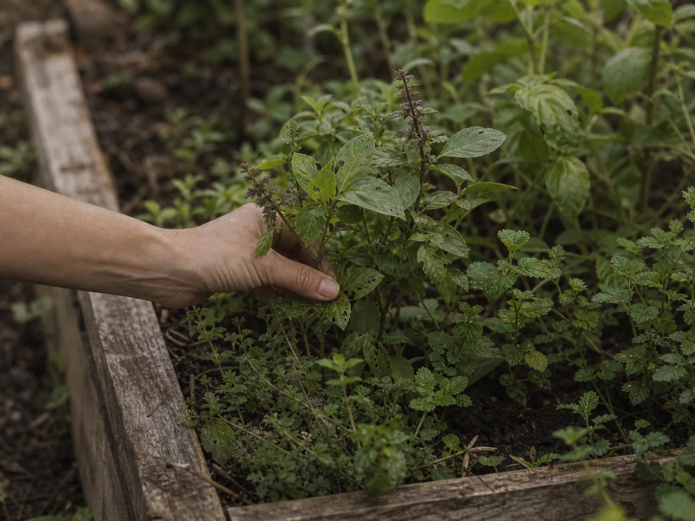 A hand gathering herbs from a raised garden bed.