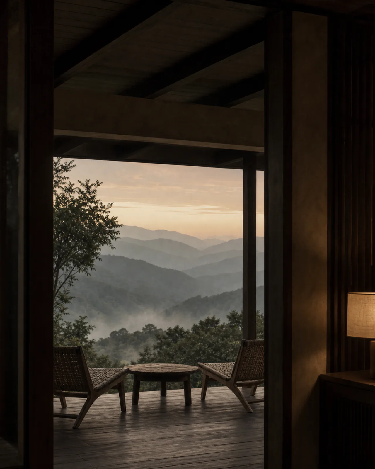 A residence terrace looking out over layered ridgelines at dusk.