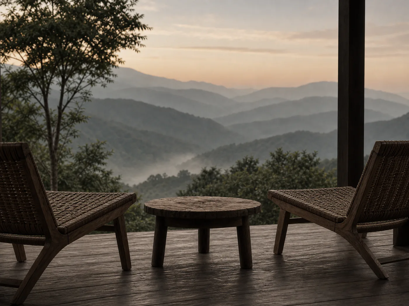 A low table and two chairs on a covered terrace facing the hills.