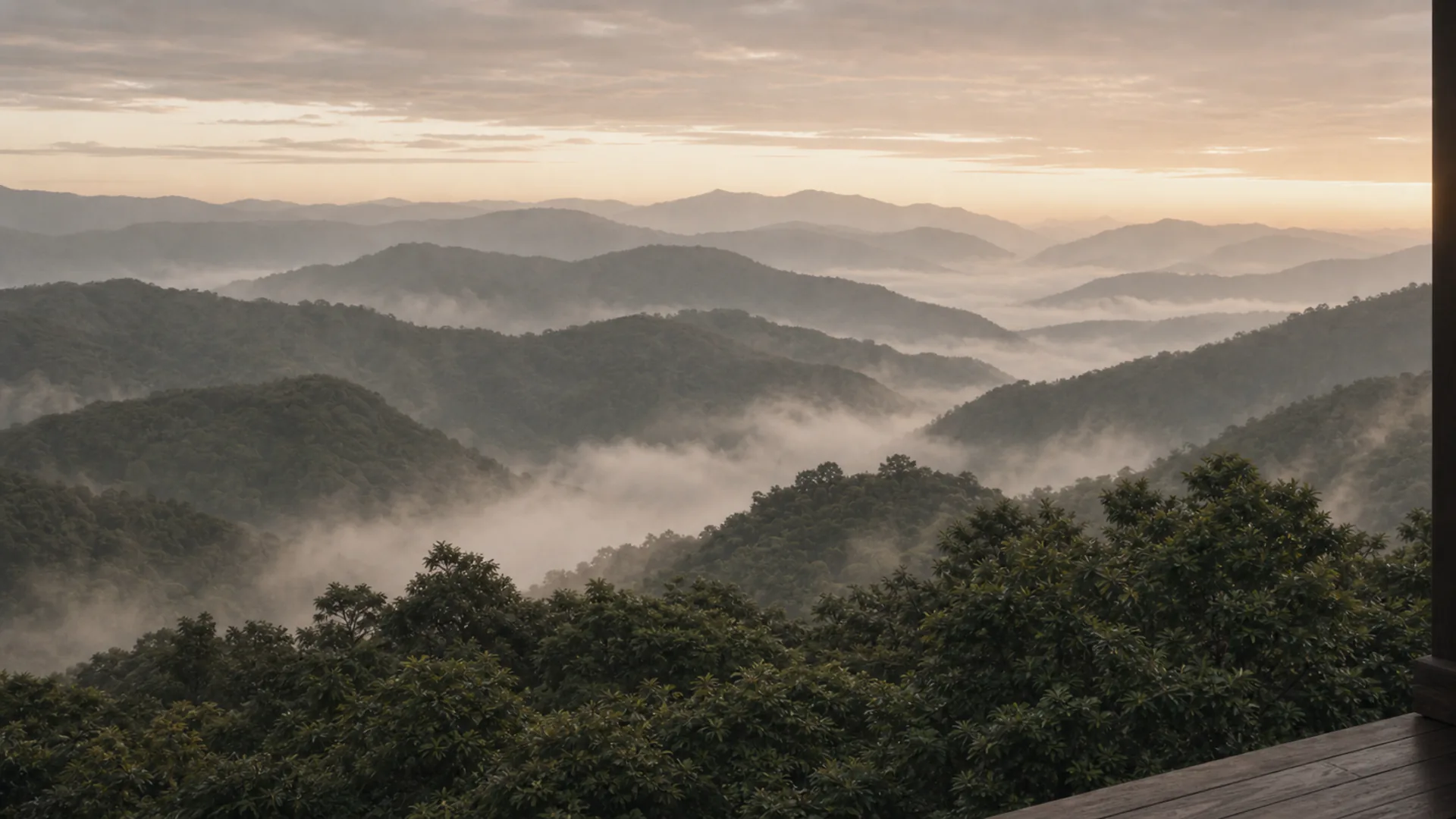 The valley seen from the terrace with cloud sitting below the ridgeline.