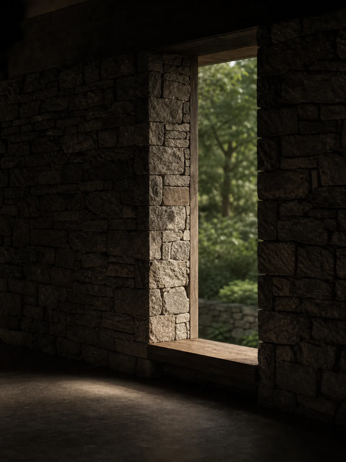 A deep window opening cut through a stone wall, light falling on the sill.