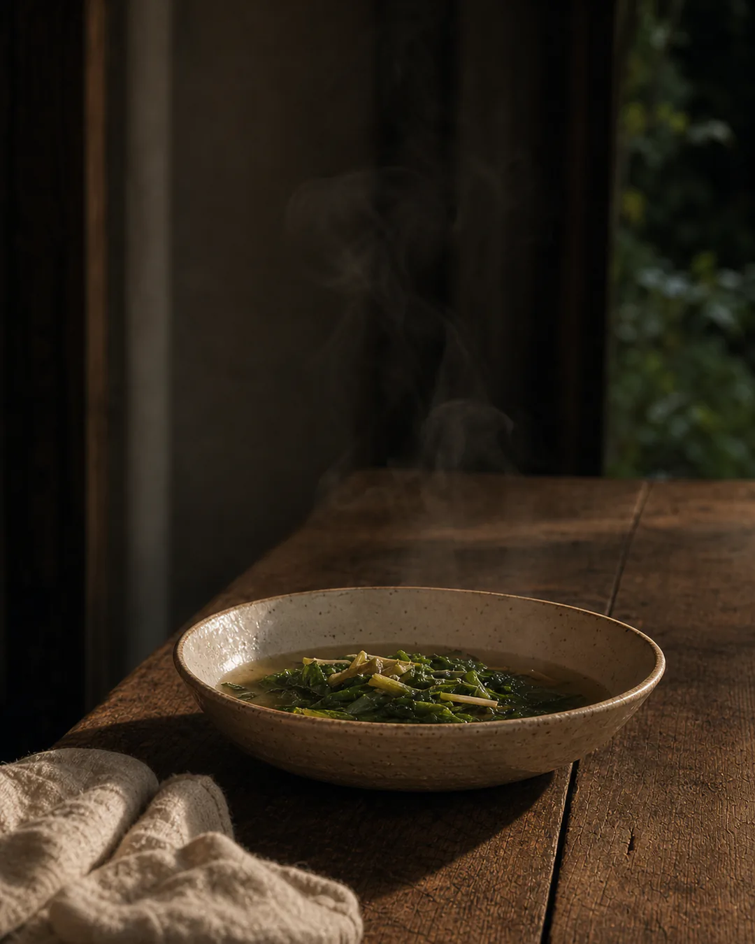 Steam rising from a bowl set on a worn timber table.