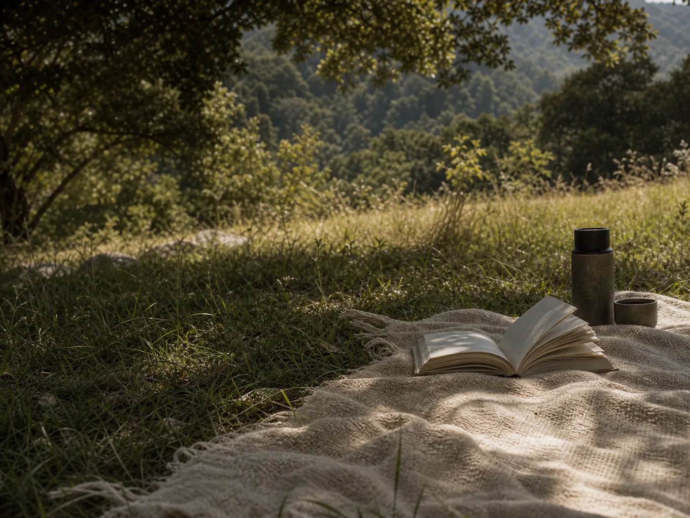A blanket and an open book on grass in dappled shade.