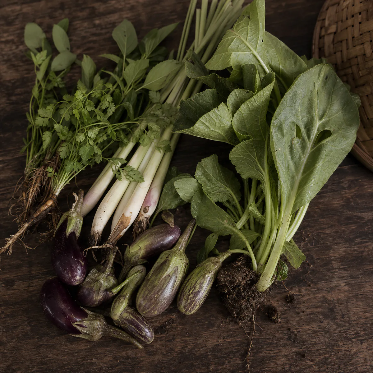 Vegetables and herbs from the garden, laid out before cooking.