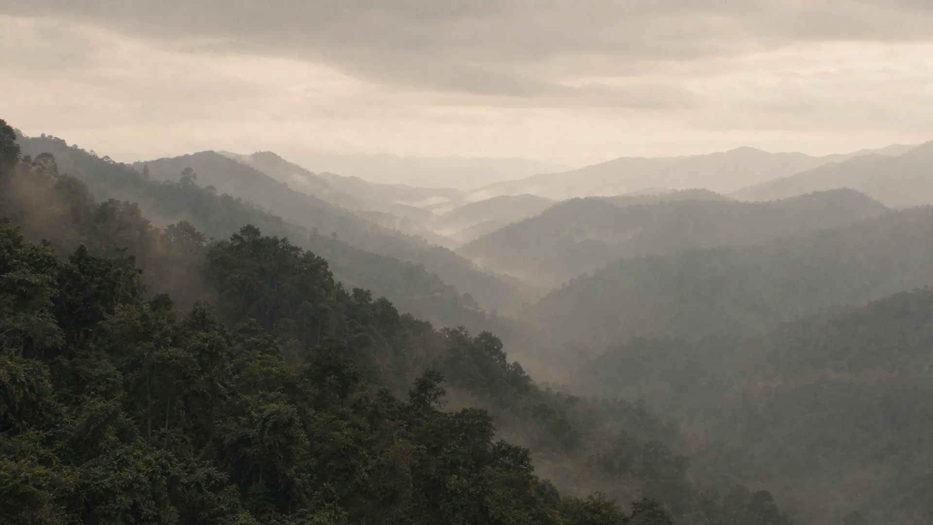 Layered ridgelines fading into morning haze beyond the valley.