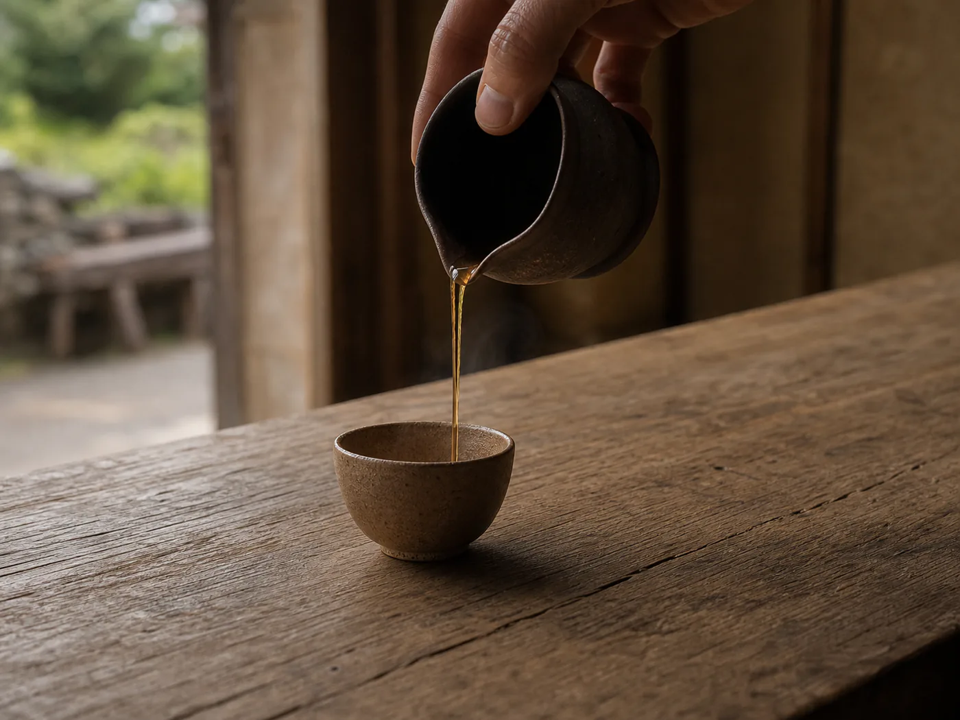Tea being poured into a small unglazed cup.
